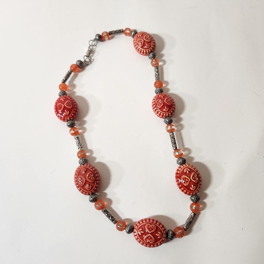 Boho Red Ceramic Heart Beaded Necklace Orange Glass Silver Tone Statement 17 In